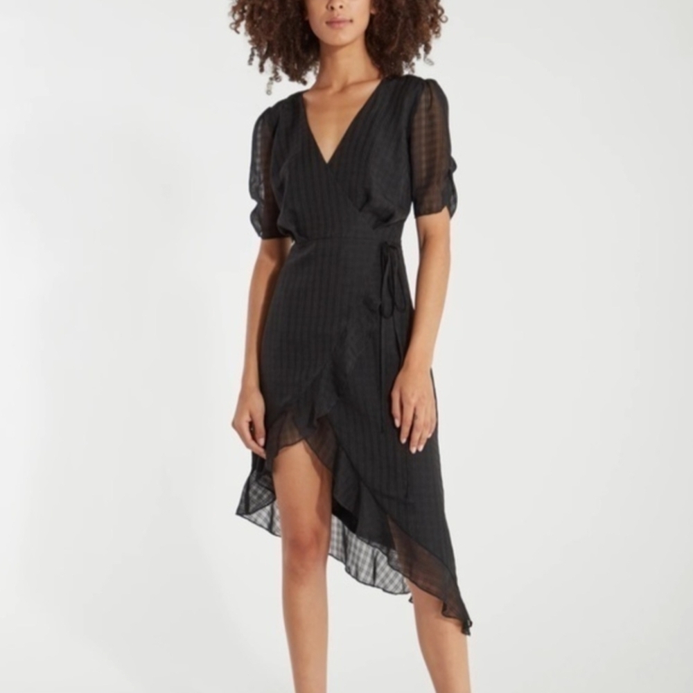 4SI3NNA Black Valerie Ruffle Hem Asymmetrical Vneck Wrap Chiffon Dress Sz Large